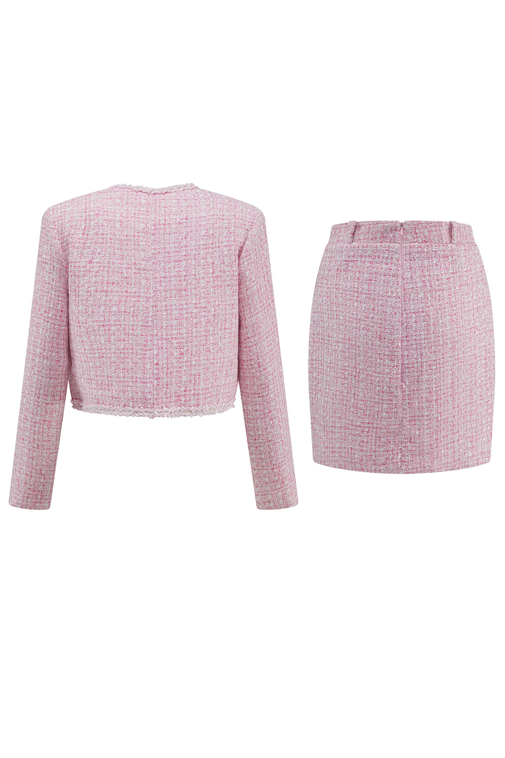 Pink Tweed 2 Piece Short Blazer Homecoming Outfits with Pockets