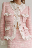 Pink Tweed 2 Piece Lapel Short Blazer Homecoming Outfits with Ruffles