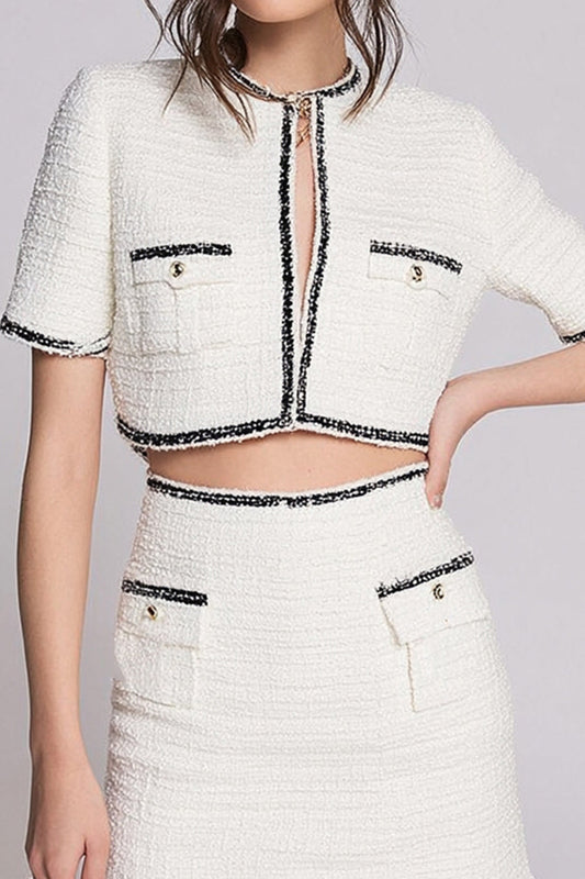 White 2 Piece Tweed Short Blazer Pageant Interview Outfits with Sleeves