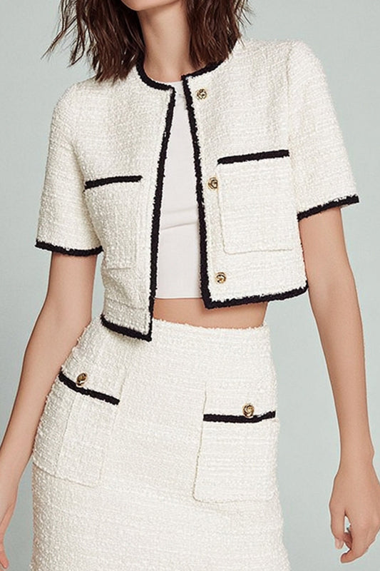 Tweed White Blazer 2 Piece Short Pageant Interview Outfits with Buttons