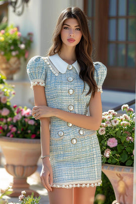 Blue Pearls Tweed Short Sleeves Homecoming Dress with Buttons