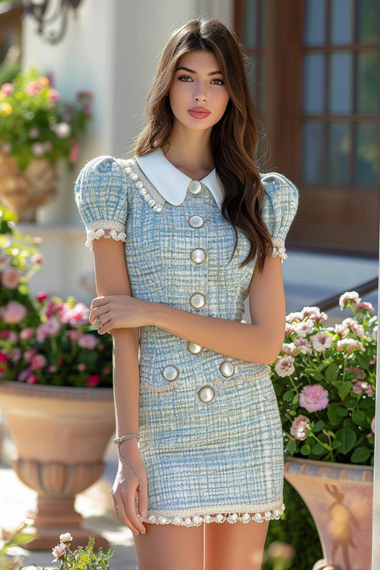 Blue Pearls Tweed Short Sleeves Homecoming Dress with Buttons