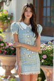 Blue Pearls Tweed Short Sleeves Homecoming Dress with Buttons