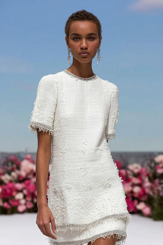 Simple White Tiered Tweed Short Homecoming Dress with Sleeves