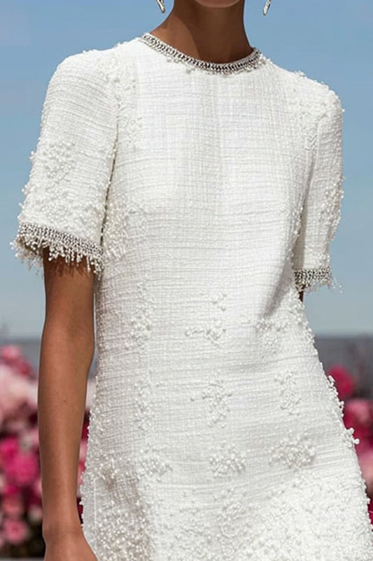 Simple White Tiered Tweed Short Homecoming Dress with Sleeves