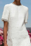 Simple White Tiered Tweed Short Homecoming Dress with Sleeves
