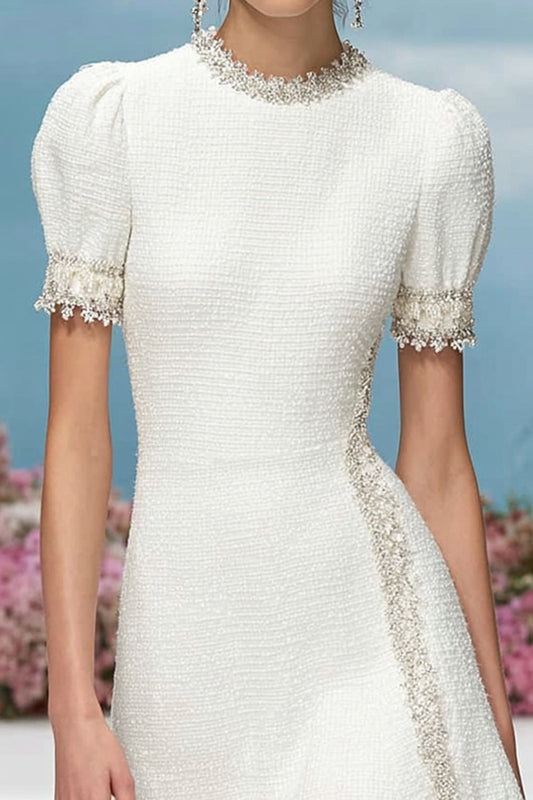 White Tweed Round Neck Short Sleeves Homecoming Dress with Appliques