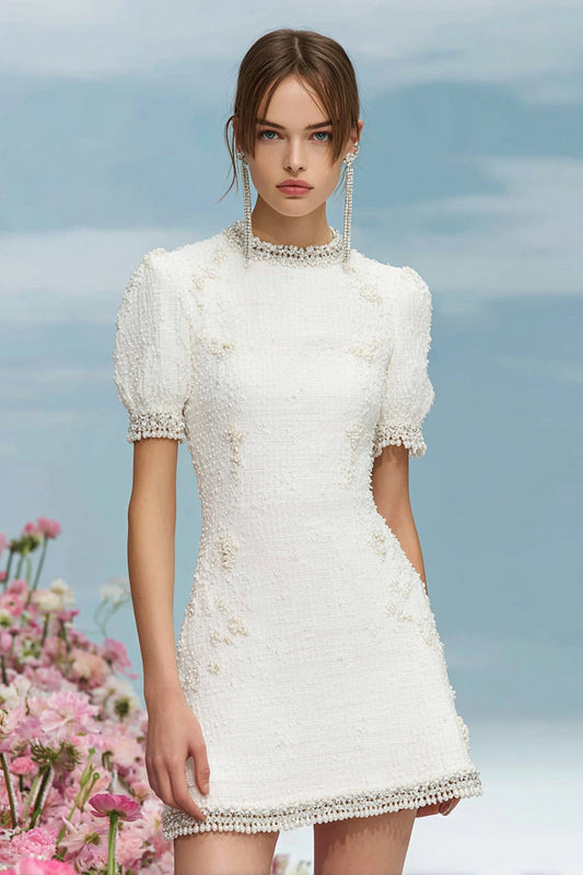 White Round Neck Short Tweed Homecoming Dress with Sleeve