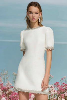Tweed White Round Neck Short Homecoming Dress with Sleeves