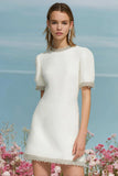 Tweed White Round Neck Short Homecoming Dress with Sleeves