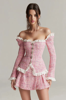 Tweed Pink 2 Piece Off the Shoulder Short Blazer Homecoming Outfits