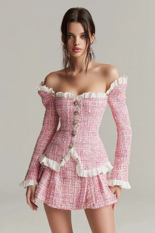Tweed Pink 2 Piece Off the Shoulder Short Blazer Homecoming Outfits