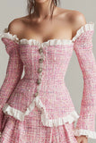 Tweed Pink 2 Piece Off the Shoulder Short Blazer Homecoming Outfits