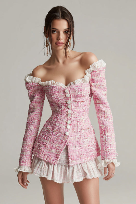 Pink Tweed 2 Piece Short Blazer Homecoming Outfits with Sleeves
