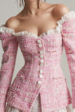 Pink Tweed 2 Piece Short Blazer Homecoming Outfits with Sleeves