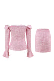 Pink Off the Shoulder Tweed 2 Piece Pencil Homecoming Outfits