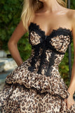 Khaki Leopard Printed Corset Ruffled Short Homecoming Dress with Lace