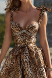 Sparkly Khaki Leopard Printed Beaded Short Homecoming Dress with Bows
