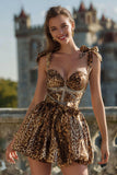 Sparkly Leopard Printed Short Khaki Homecoming Dress with Bows