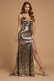 Sparkly Golden Leopard Printed Metallic Long Holiday Party Dress with Slit
