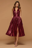Sparkly Burgundy Metallic Halter Midi Holiday Party Dress with Slit