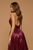 Sparkly Burgundy Metallic Halter Midi Holiday Party Dress with Slit