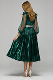 Sparkly Dark Green Metallic V-Neck Midi Holiday Party Dress with Slit