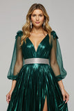 Sparkly Dark Green Metallic V-Neck Midi Holiday Party Dress with Slit
