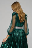 Sparkly Dark Green Metallic V-Neck Midi Holiday Party Dress with Slit