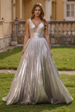 Sparkly Silver Metallic Thick Straps Backless Long Prom Dress