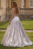 Sparkly Silver Metallic Thick Straps Backless Long Prom Dress