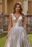 Sparkly Silver Metallic Thick Straps Backless Long Prom Dress