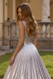 Sparkly Silver Metallic Thick Straps Backless Long Prom Dress