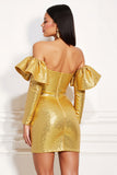 Sparkly Golden Metallic Tight Short Homecoming Dress with Ruffles