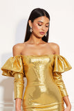 Sparkly Golden Metallic Tight Short Homecoming Dress with Ruffles