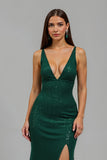 Sparkly Dark Green Deep V-Neck Sequins Long Holiday Party Dress with Slit