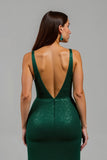 Sparkly Dark Green Deep V-Neck Sequins Long Holiday Party Dress with Slit