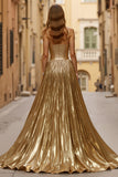 Sparkly Golden Metallic Halter Ruched Long Prom Dress with Slit