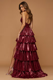Sparkly Burgundy Ruffled Metallic Halter Long Prom Dress with Slit