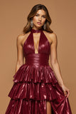 Sparkly Burgundy Ruffled Metallic Halter Long Prom Dress with Slit