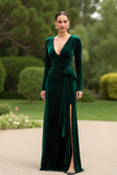 Dark Green Velvet V-Neck Long Sleeves Holiday Party Dress with Slit