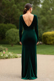 Dark Green Velvet V-Neck Long Sleeves Holiday Party Dress with Slit