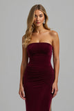 Simple Burgundy Sheath Strapless Long Holiday Party Dress with Slit