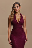 Sparkly Burgundy Sequins Mermaid Halter Long Holiday Party Dress