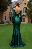 Sparkly Dark Green Sequins Mermaid Long Sleeves Holiday Party Dress