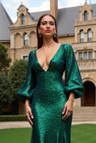 Sparkly Dark Green Sequins Mermaid Long Sleeves Holiday Party Dress