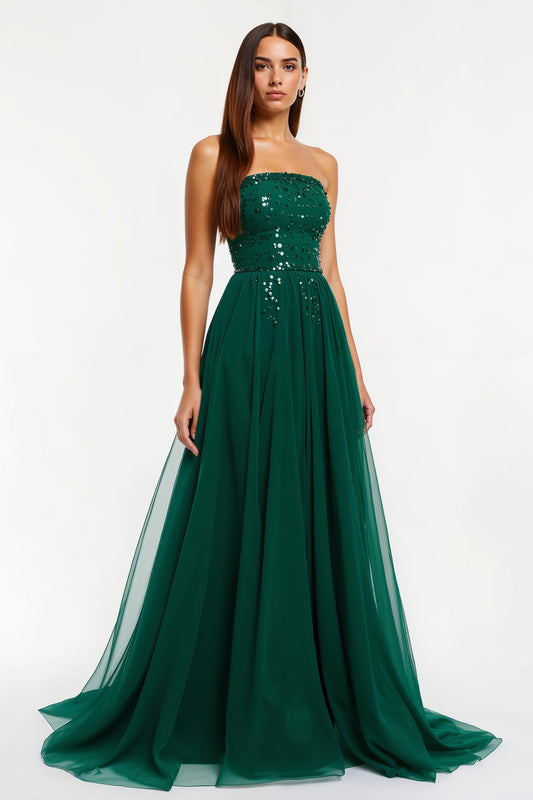 Sparkly Dark Green Tulle Strapless Long Holiday Party Dress with Beading