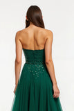 Sparkly Dark Green Tulle Strapless Long Holiday Party Dress with Beading