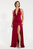 Burgundy Satin Sheath Halter Long Holiday Party Dress with Slit