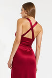 Burgundy Satin Sheath Halter Long Holiday Party Dress with Slit